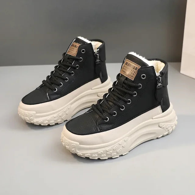 Women's Chunky Platform Leather Sneakers With Side Zipper — Trendy Street Style