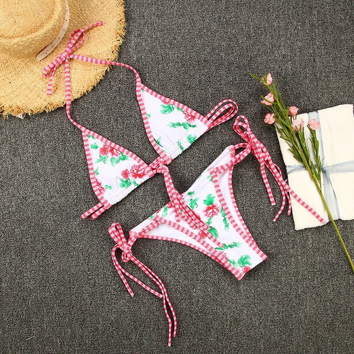 Contrasting Floral Colors Split Strap Tie-Up Bikini Swimsuits