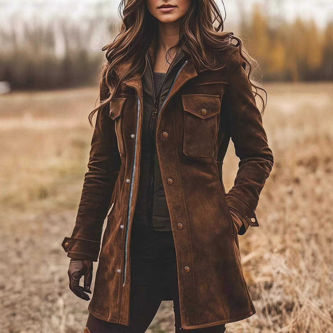Woman Wearing A Brown Suede-Look Longline Jacket With A Lapel Collar, Front Zipper, Chest Flap Pockets And Side Pockets