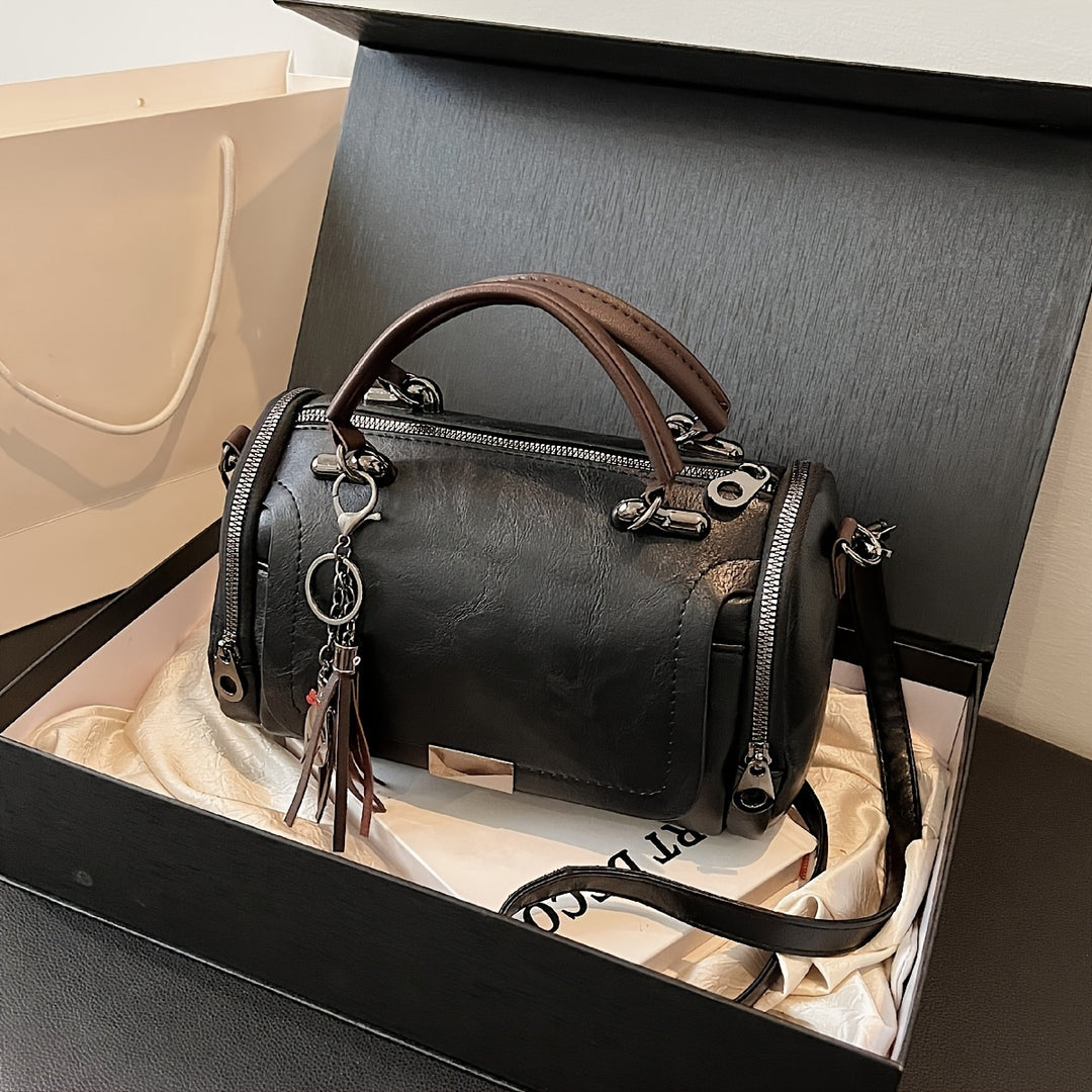 Classic PU Leather Boston Bags - Zipper & Keychain - Flossy Mom