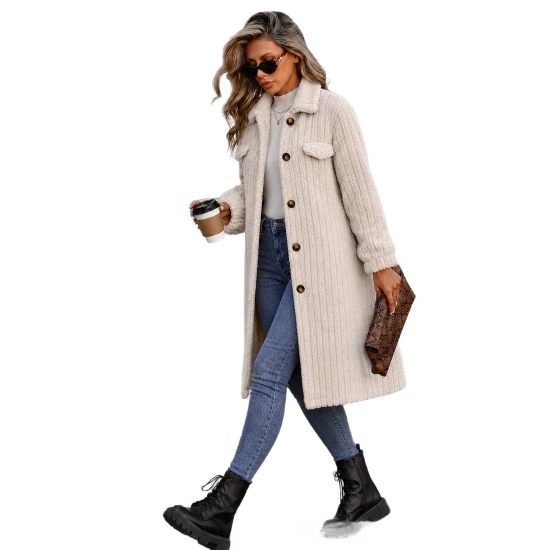 Women’s Plus Size White Button-Front Coat Styled With Jeans And Black Boots, Model Holding Coffee And A Clutch
