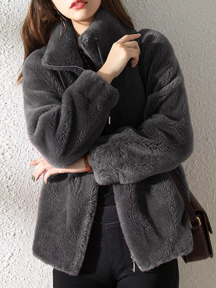 Plus size faux fur zip jacket with stand collar, dark gray, zip front and cuffs