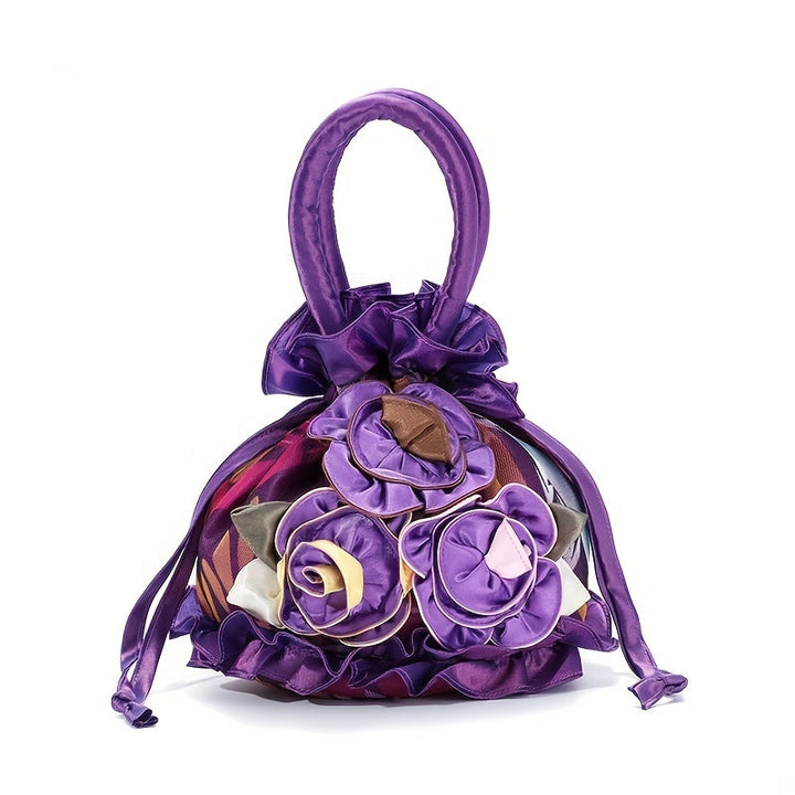 Purple handbag with floral design on a white background