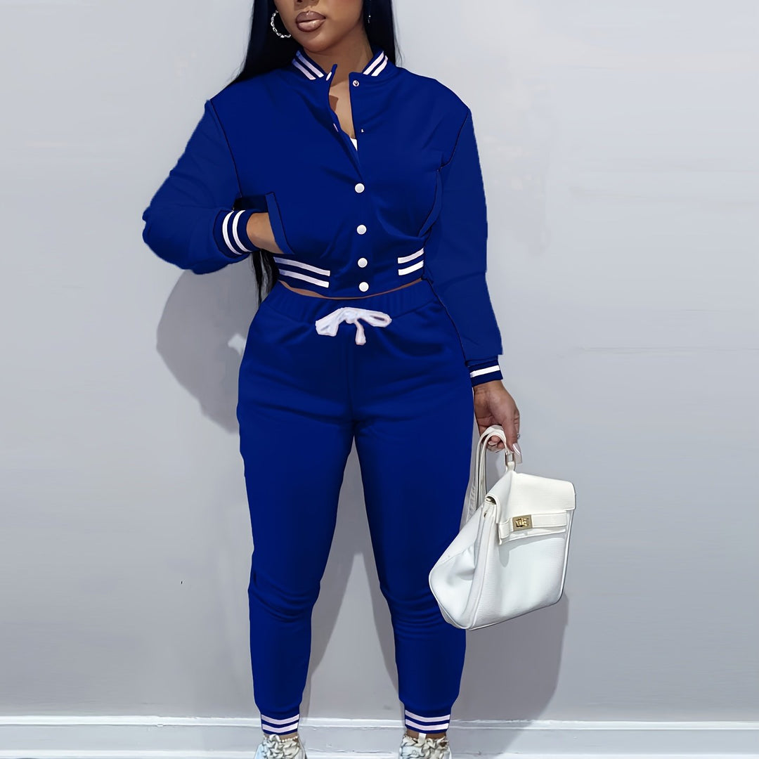 Trendy Streetwear Crop Baseball Jacket & Pants Set - Flossy Mom