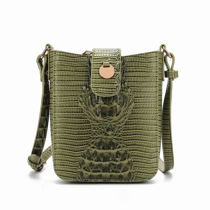 Green textured crossbody bag on a white background