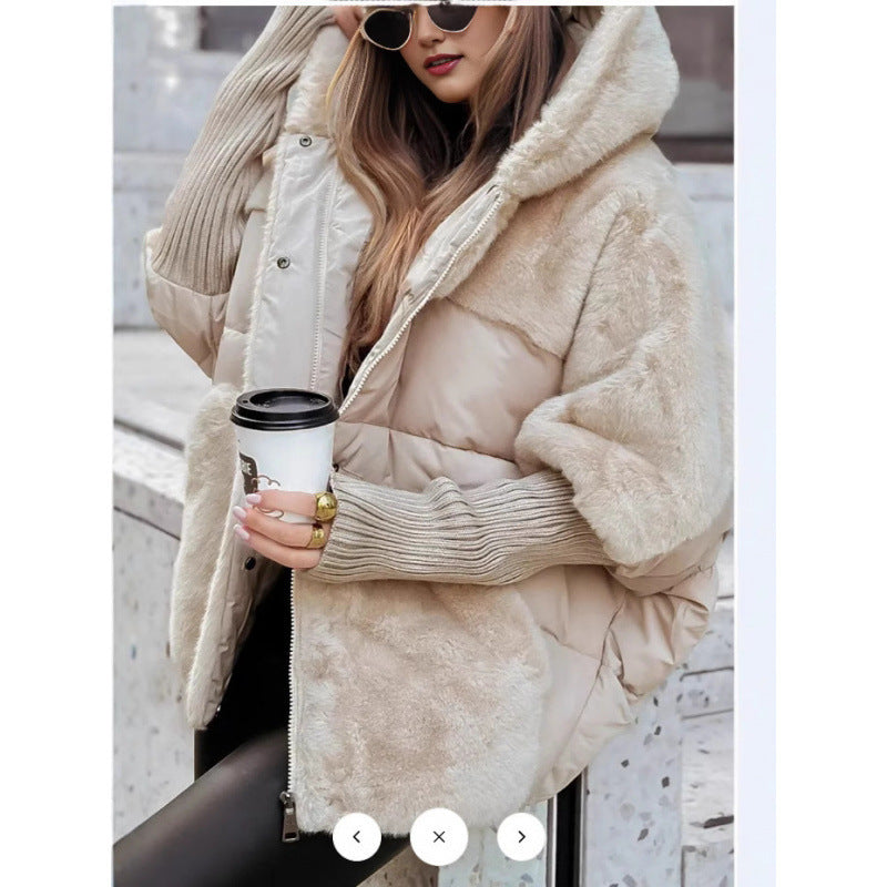 Women’s Apricot Hooded Winter Jacket With Plush Panels And Zip Closure