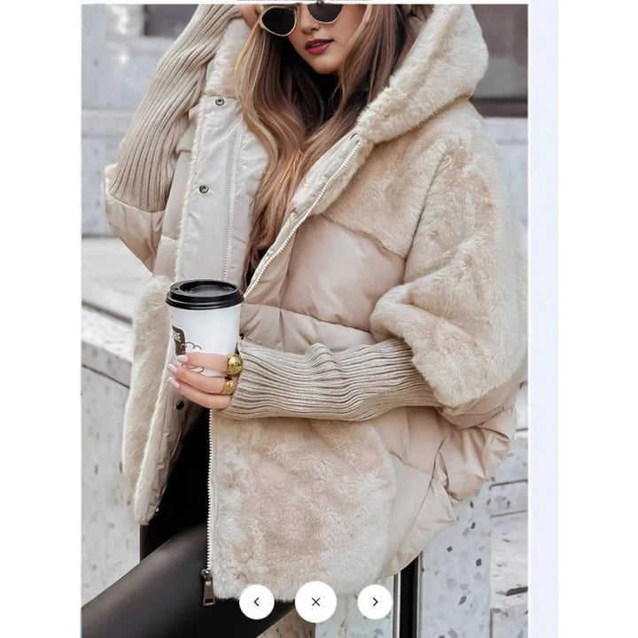 Women’s Apricot Hooded Winter Jacket With Plush Panels And Zip Closure