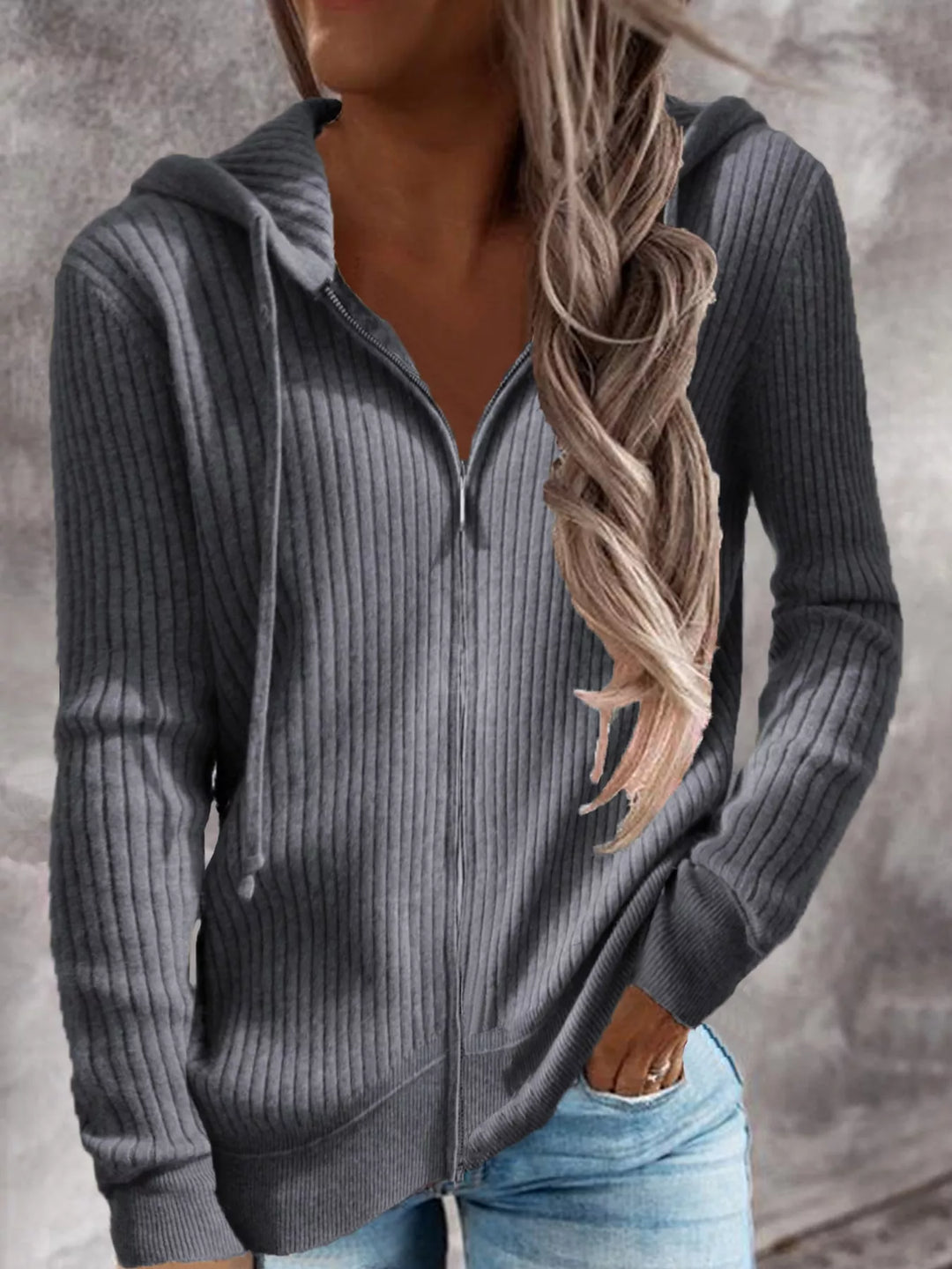 Women's Plus Size Dark Gray Ribbed Knit Zip-Up Hooded Cardigan, Front View