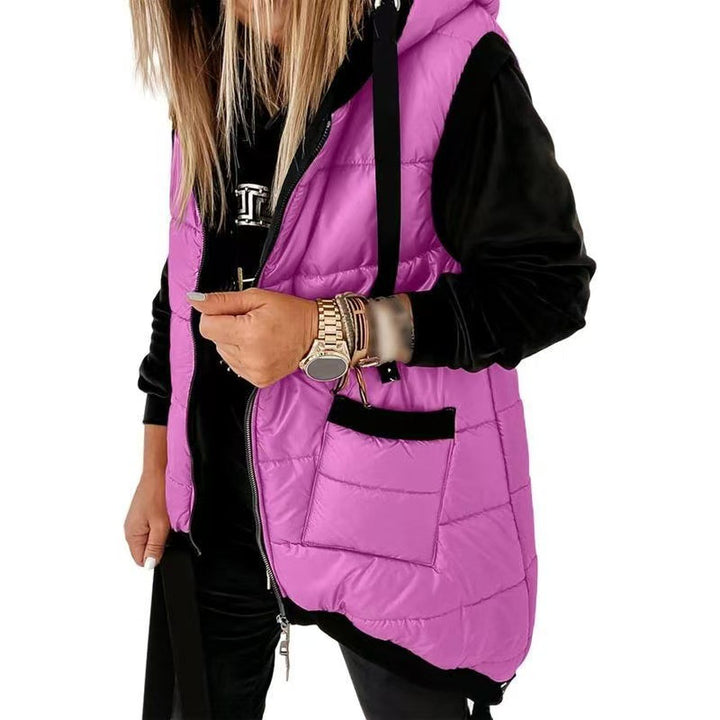 Women's hooded padded vest with front zipper and two pockets, magenta purple