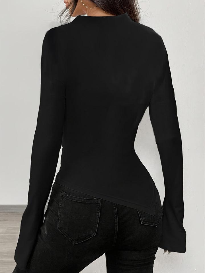 High Neck Wide Shoulder Asymmetrical Plus Size Black Shirts - Flossy Mom