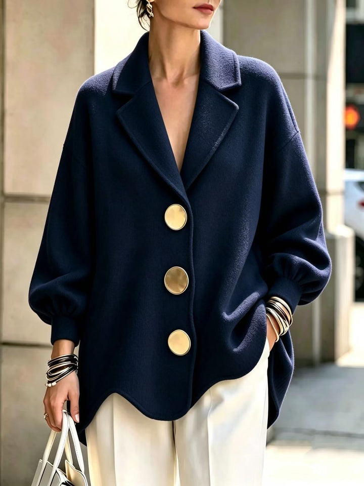 Women's Navy Blue V-Neck Blouse With Long Puff Sleeves And Gold-Tone Buttons, Close Front View