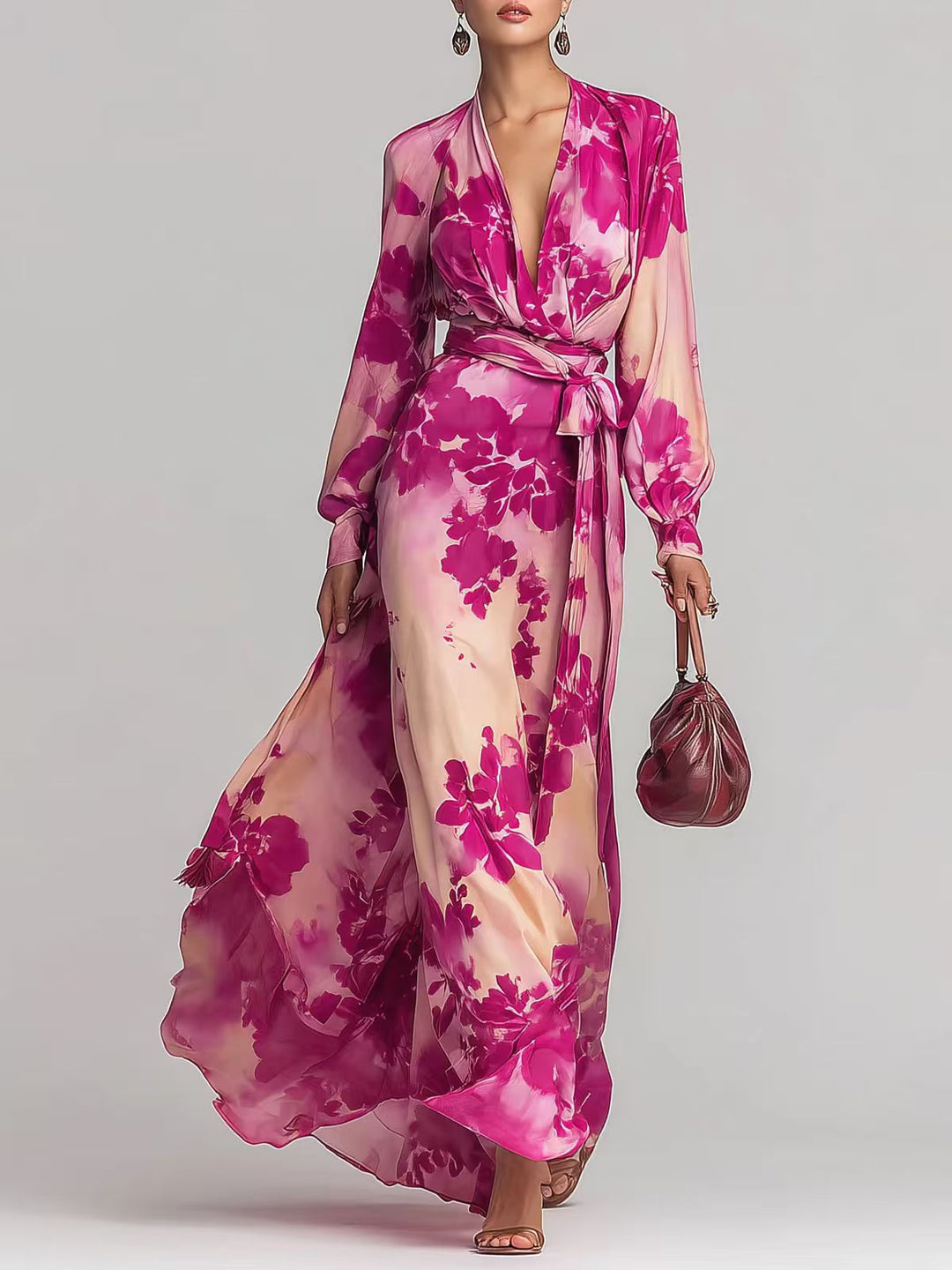 Chiffon Long Sleeve V-Neck Tie-Up Women's Dresses