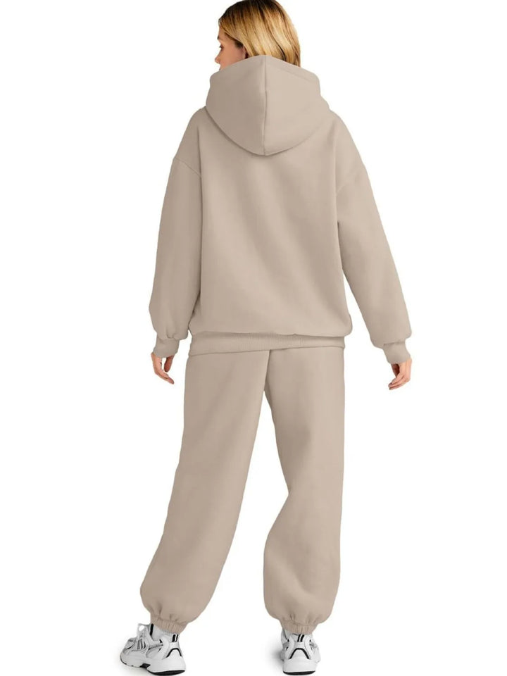 Back view plus-size khaki hoodie and jogger set with hood and relaxed cuffs