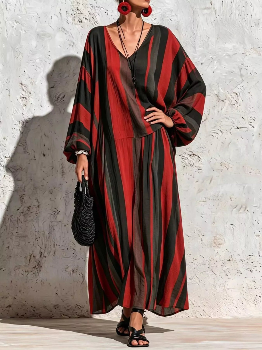  Women's Burgundy Striped Two-Piece Set With Loose V-Neck Top And Wide-Leg Pants, Front View