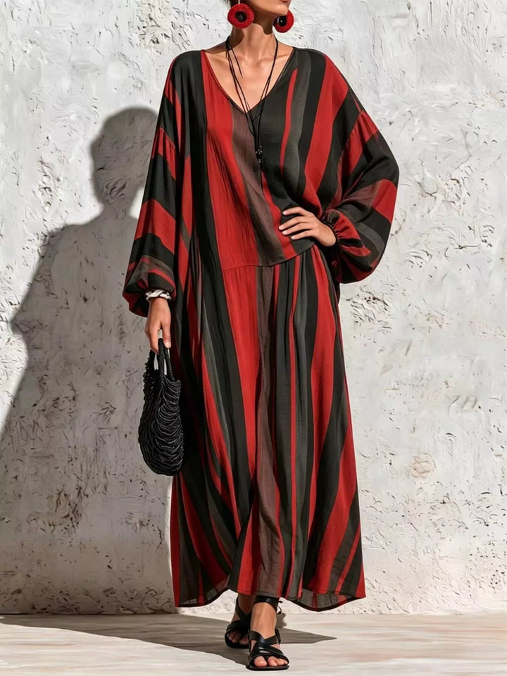  Women's Burgundy Striped Two-Piece Set With Loose V-Neck Top And Wide-Leg Pants, Front View