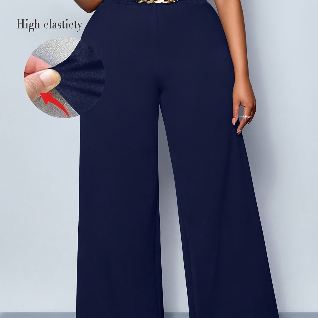 Navy blue pants with high elasticity feature highlighted on a plain background
