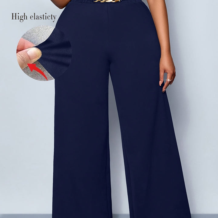 Navy blue pants with high elasticity feature highlighted on a plain background