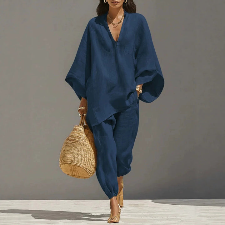 Women's Solid Color Loose Three-Quarter Sleeve Shirt And Pants Set