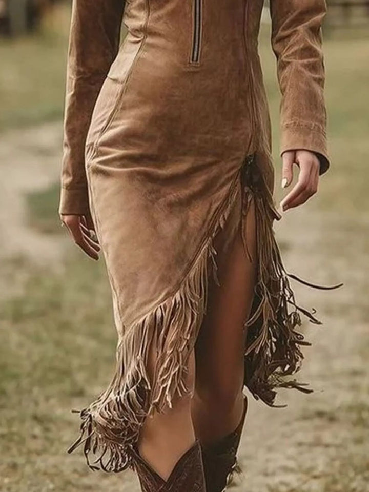 Dark brown bodycon dress with zip front and fringe detailing at hem