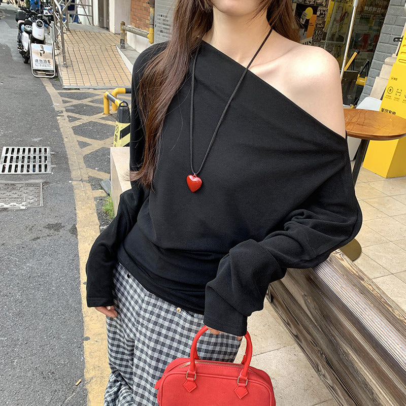 Women's Sexy Off Shoulder Long Sleeve Solid Color Batwing Slim Fit Shirt