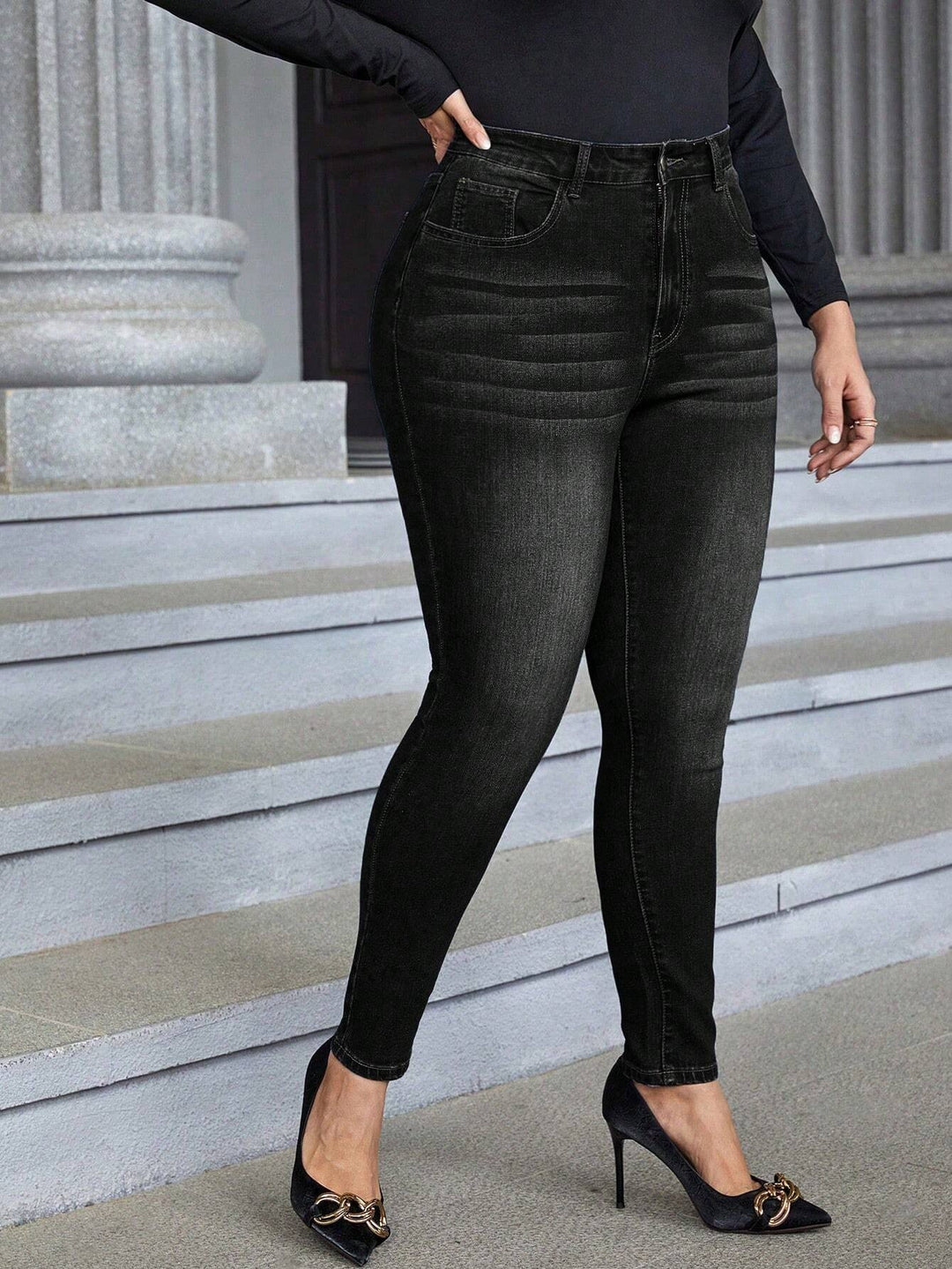 Sleek Black Button-Fly Stretch Skinny Plus Size Jeans - Flossy Mom