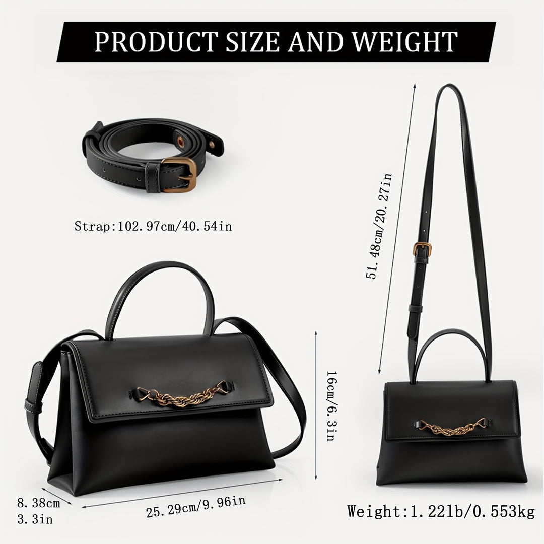 Black handbag with measurements and weight details on a white background