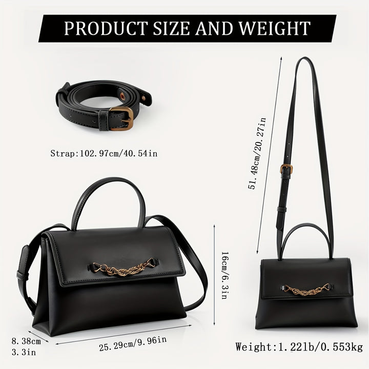 Black handbag with measurements and weight details on a white background