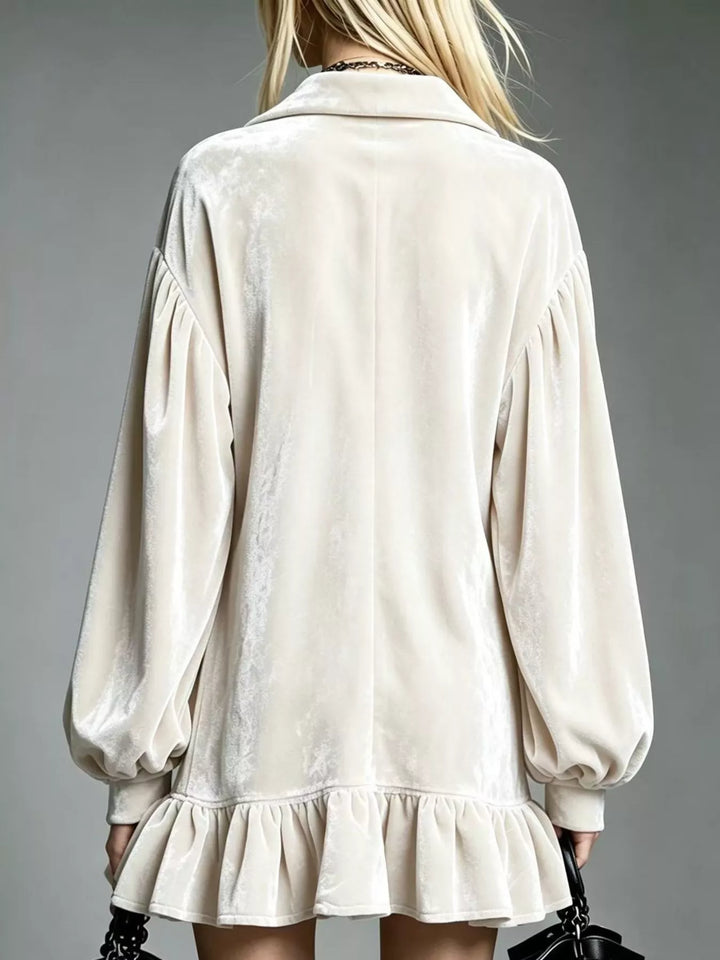 Cream-white velvet long-sleeve mini dress back view with ruffle hem and puff sleeves