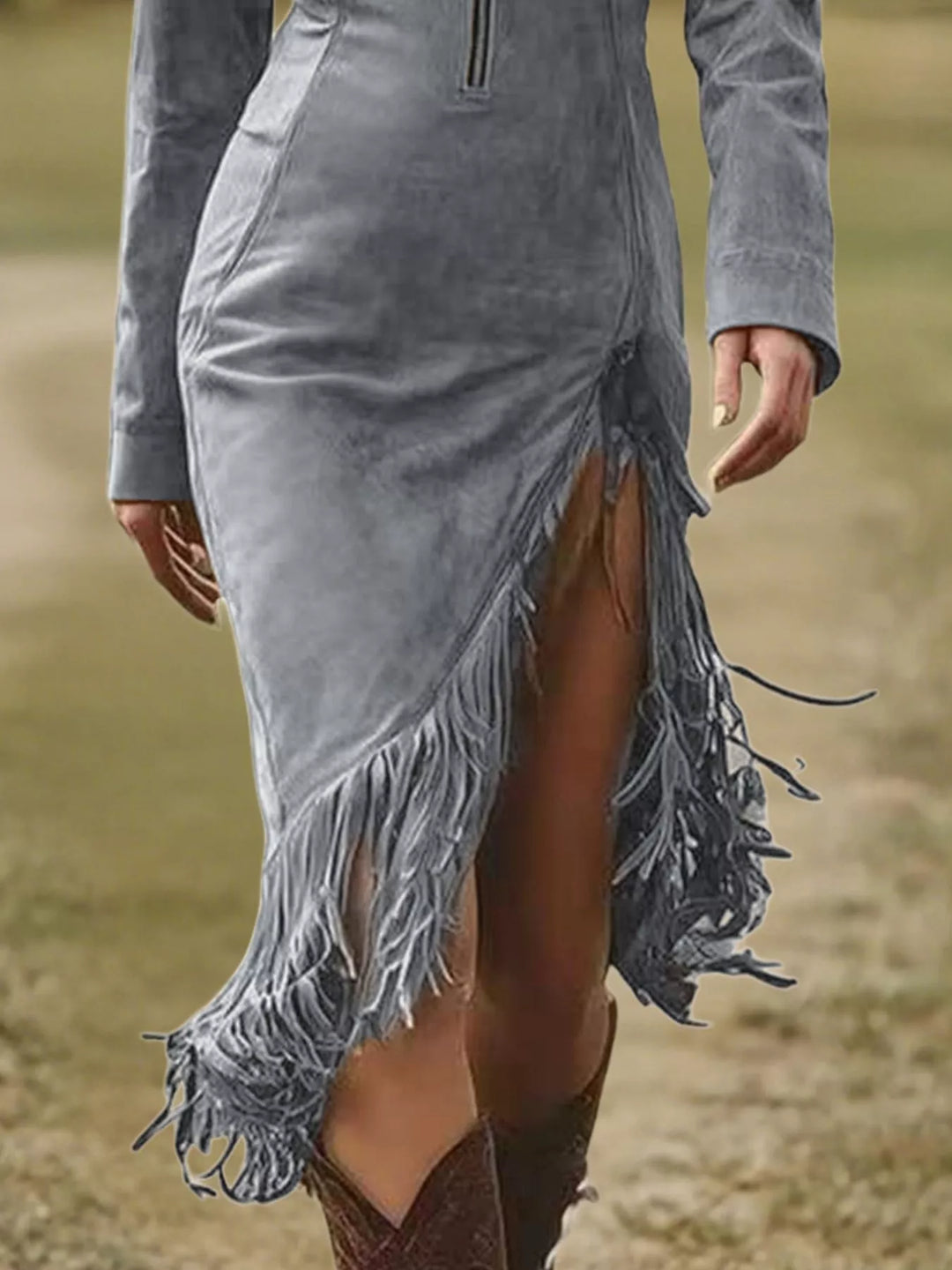 Gray bodycon dress with zip front and layered fringe hem