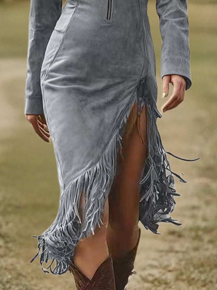 Gray bodycon dress with zip front and layered fringe hem