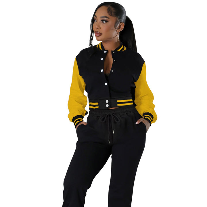 Black varsity jacket with yellow sleeves and drawstring joggers, ribbed stripe cuffs.