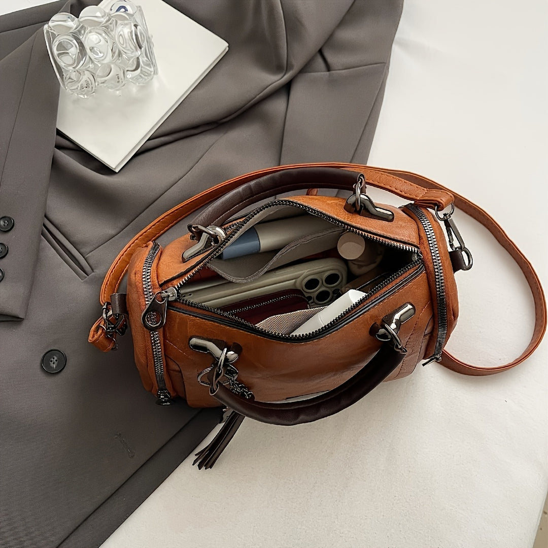 Classic PU Leather Boston Bags - Zipper & Keychain - Flossy Mom