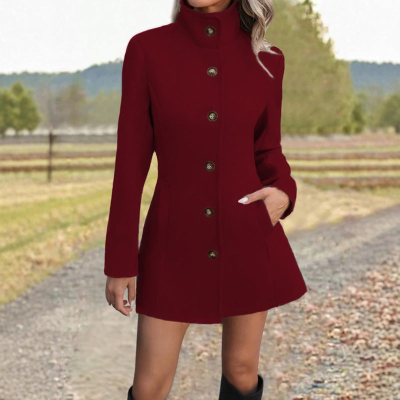 Plus-size stand-collar button coat, wine red, long sleeves, button placket