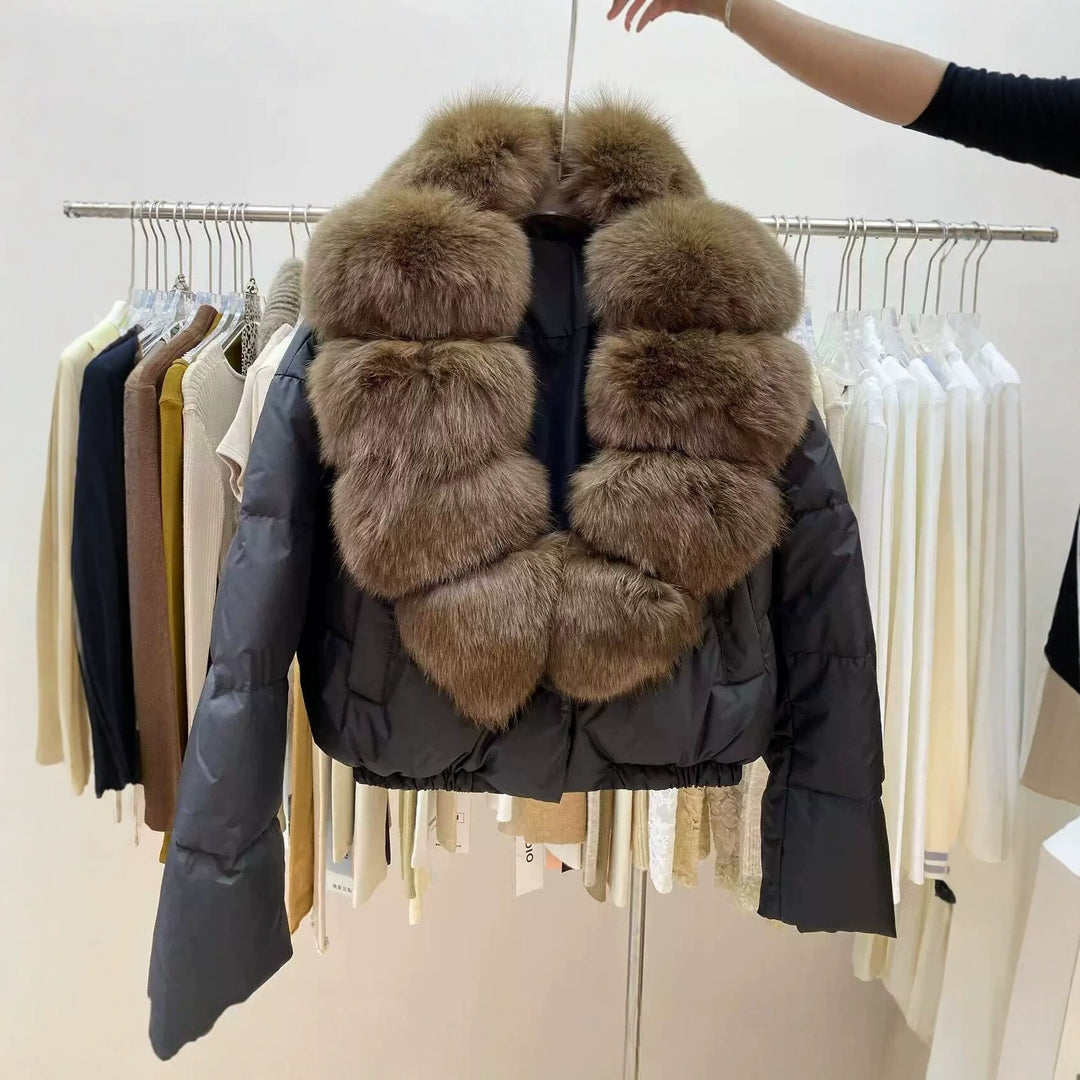 Front View Of Black Women's Cropped Puffer Coat With Oversized Brown Fur Collar