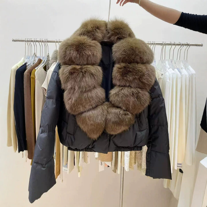 Front View Of Black Women's Cropped Puffer Coat With Oversized Brown Fur Collar