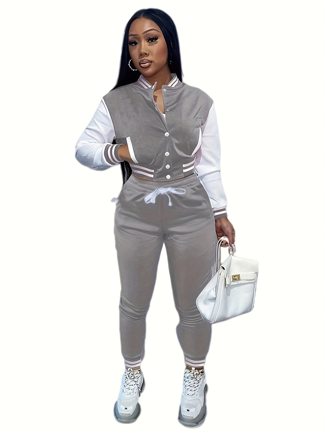 Trendy Streetwear Crop Baseball Jacket & Pants Set - Flossy Mom