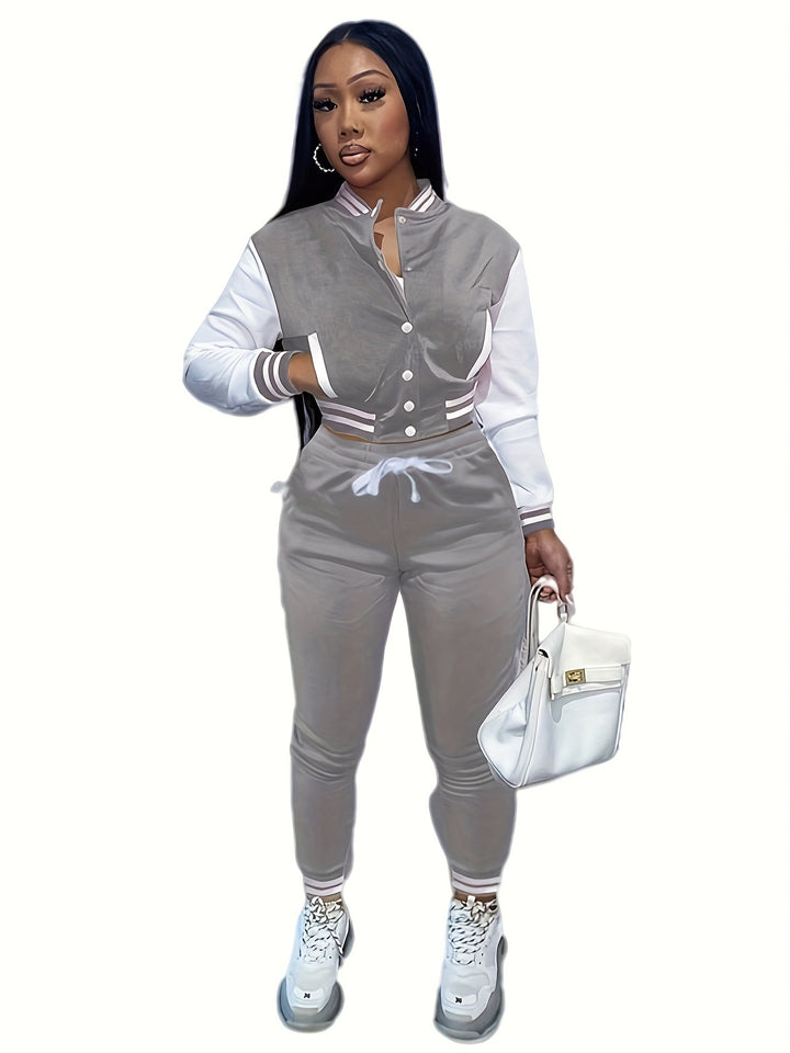 Trendy Streetwear Crop Baseball Jacket & Pants Set - Flossy Mom