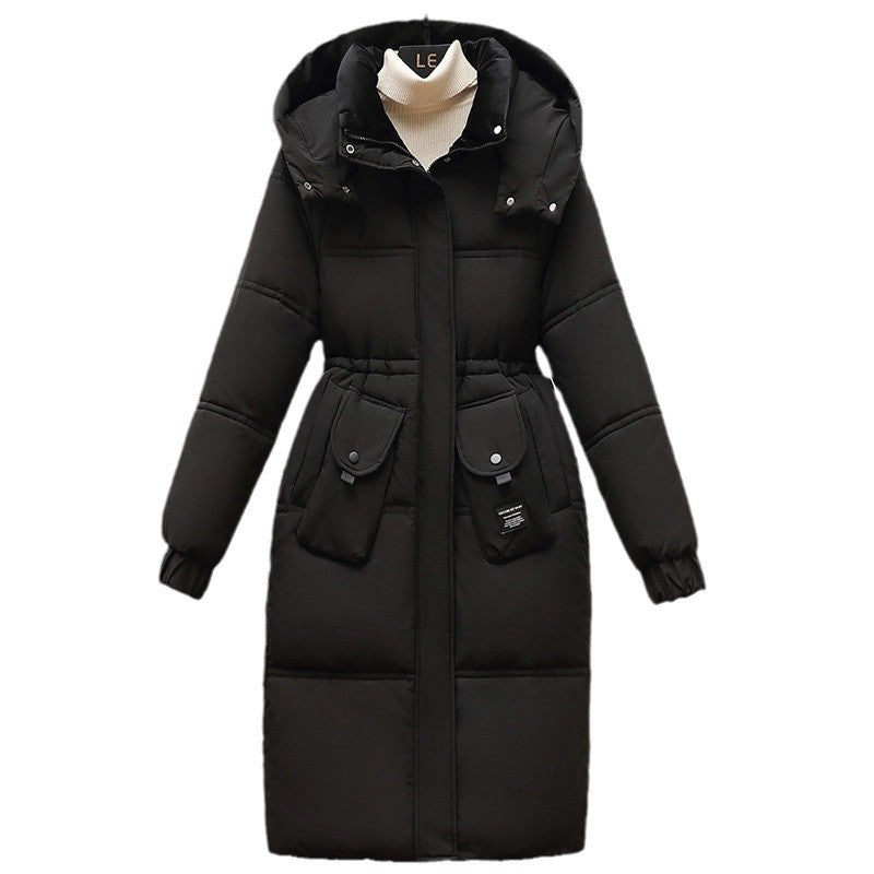 Black Women's Plus Size Long Hooded Puffer Coat On A White Background