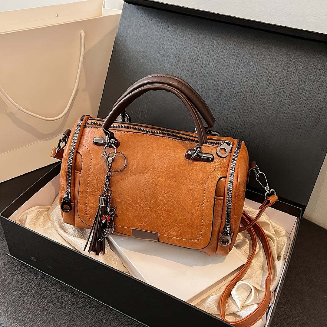 Classic PU Leather Boston Bags - Zipper & Keychain - Flossy Mom