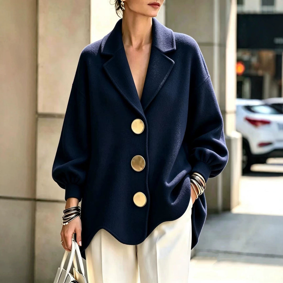 Women's Navy Blue Collared V-Neck Blouse With Gold-Tone Buttons And Long Puff Sleeves, Front View Outdoors