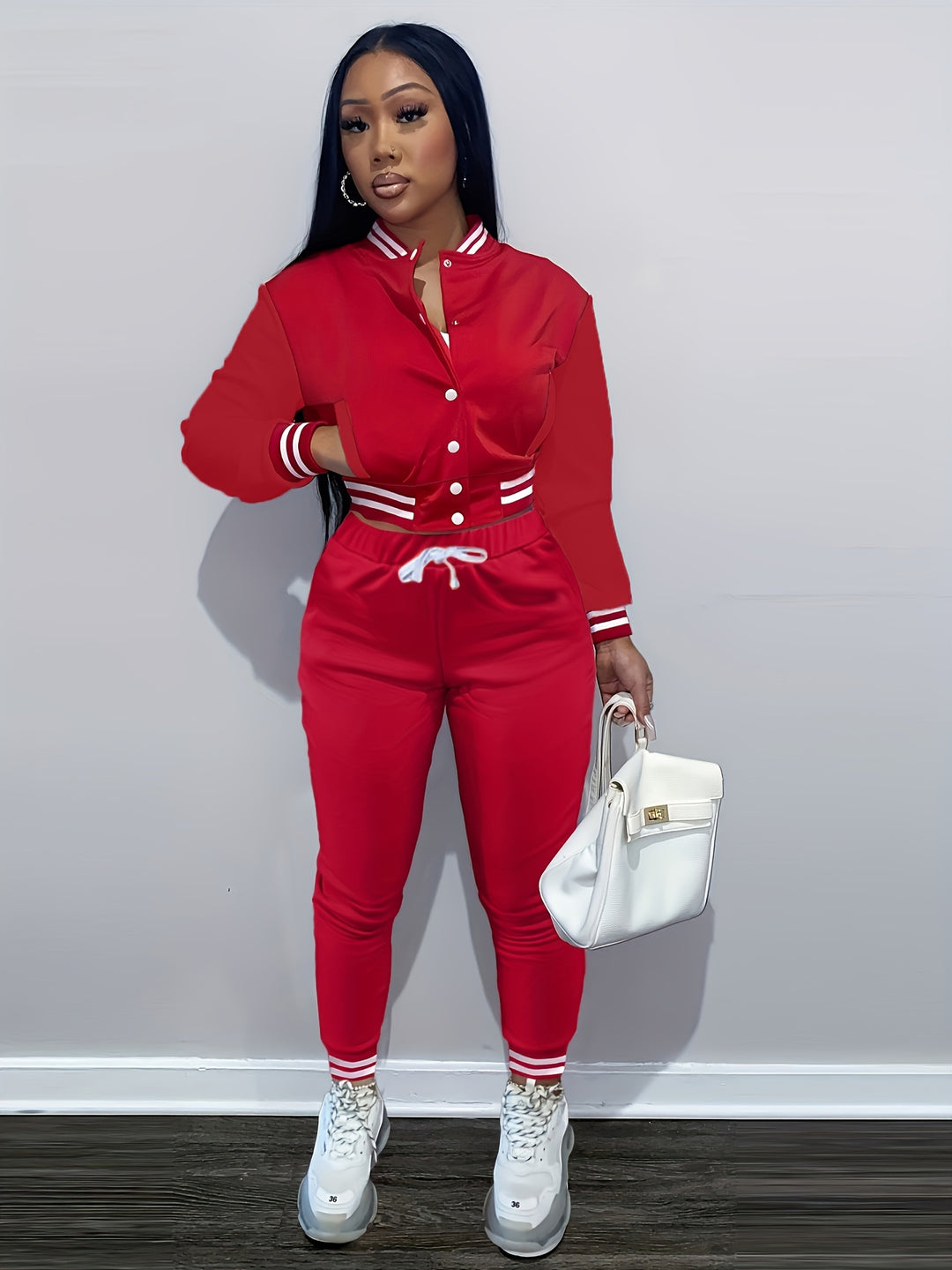 Trendy Streetwear Crop Baseball Jacket & Pants Set - Flossy Mom