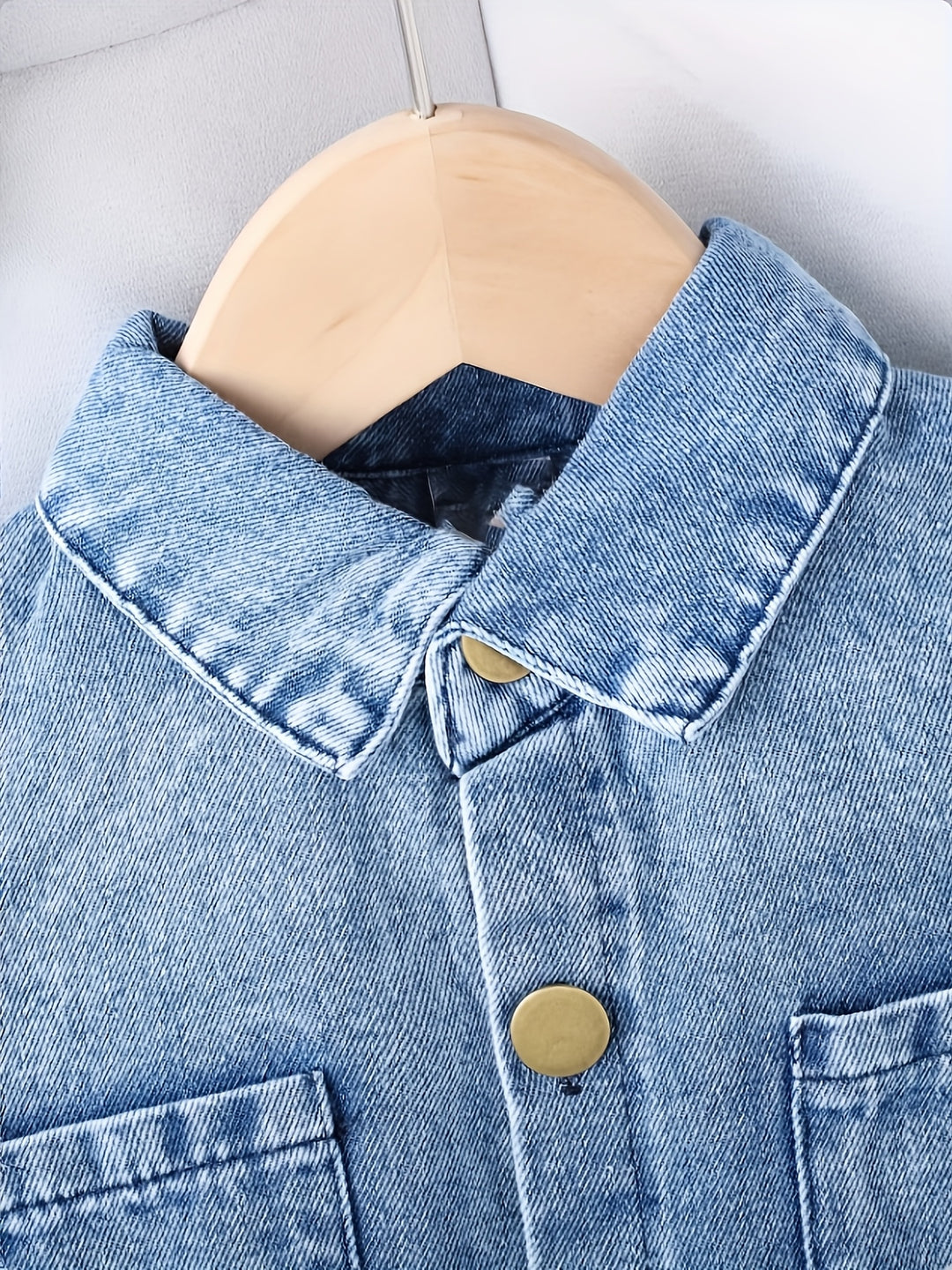 Blue denim jacket on a mannequin with a white background