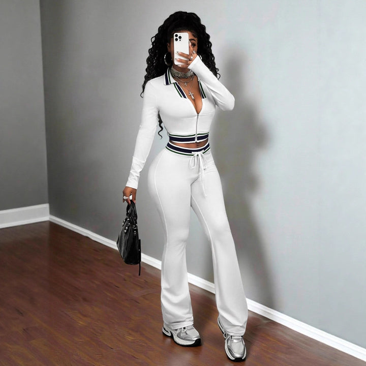 White women’s high-neck zip crop top and slim track pants set with striped trim