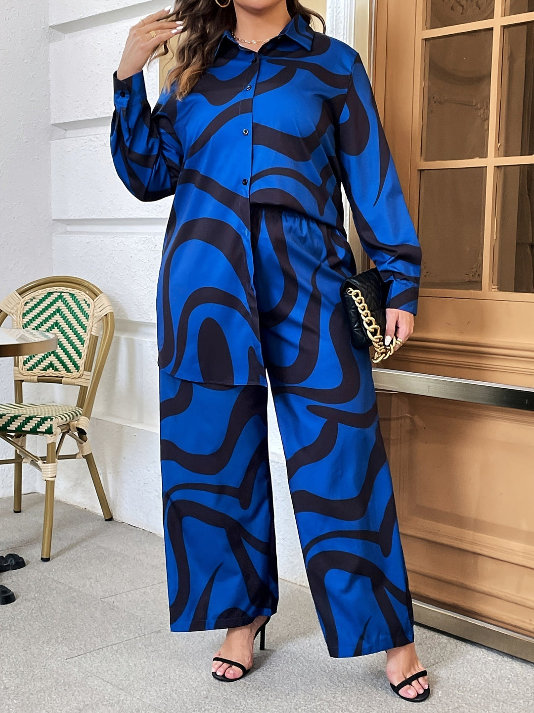 Abstract Stripe Long Sleeve Lapel Collar Shirt & High Rise Wide Leg Pant Gen U Us Products