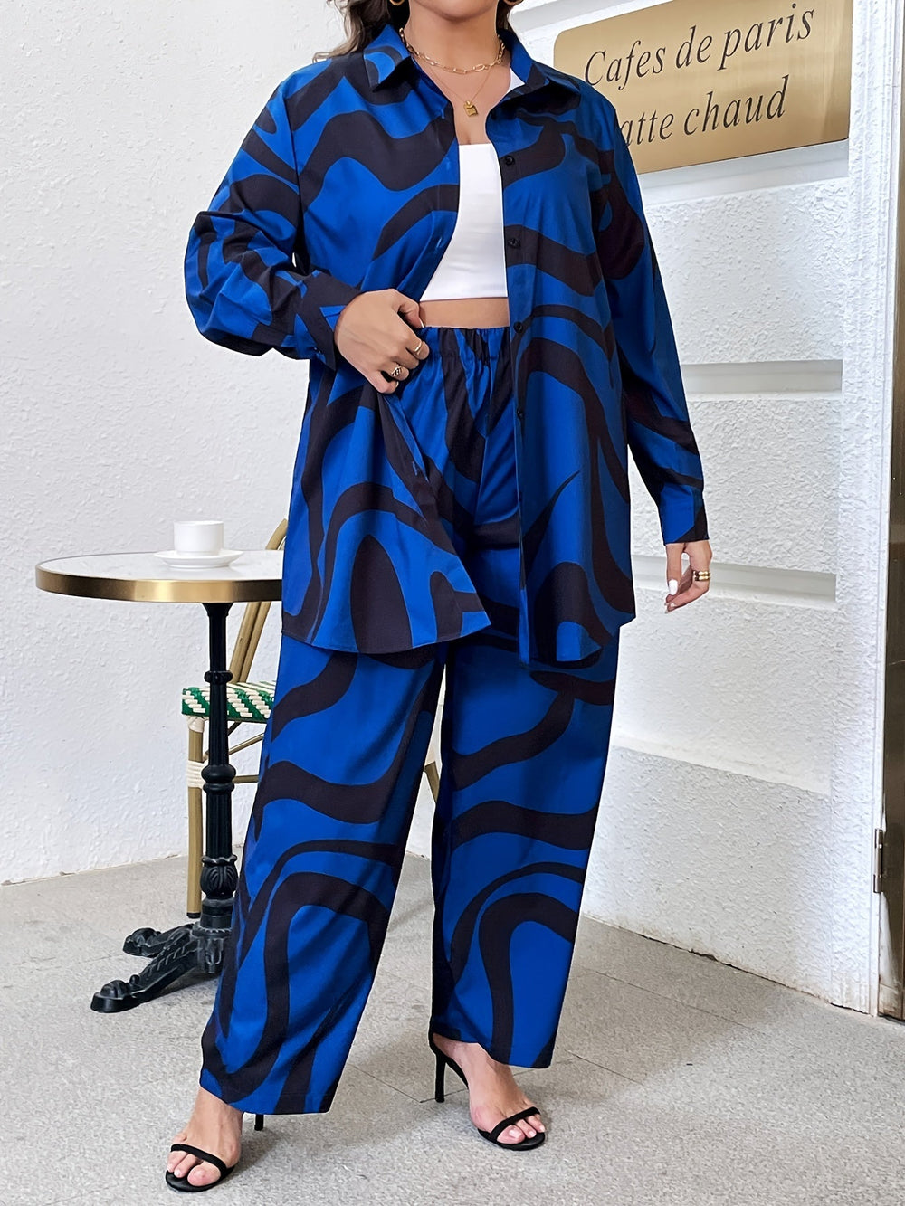 Abstract Stripe Long Sleeve Lapel Collar Shirt & High Rise Wide Leg Pant Gen U Us Products