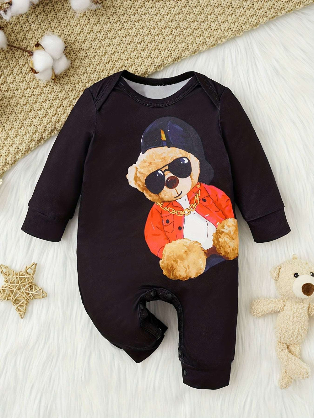 Adorable Cute Long Sleeve Cool Bear Motif Jumpsuit with Bottom Snap Gen U Us Products