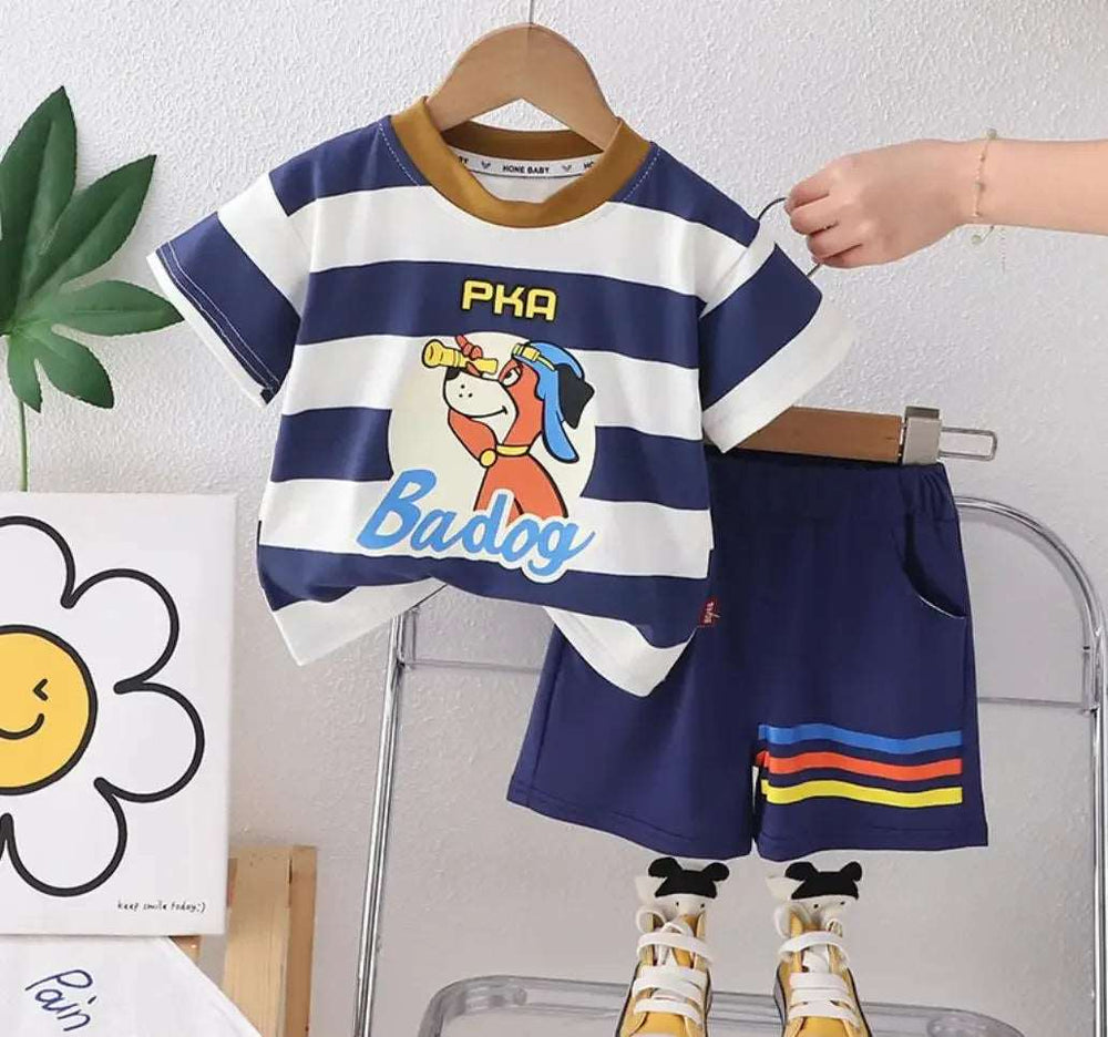 Adorable Cartoon Dog Short Sleeves Striped T-shirts and Shorts Outfits - Gen U Us Products