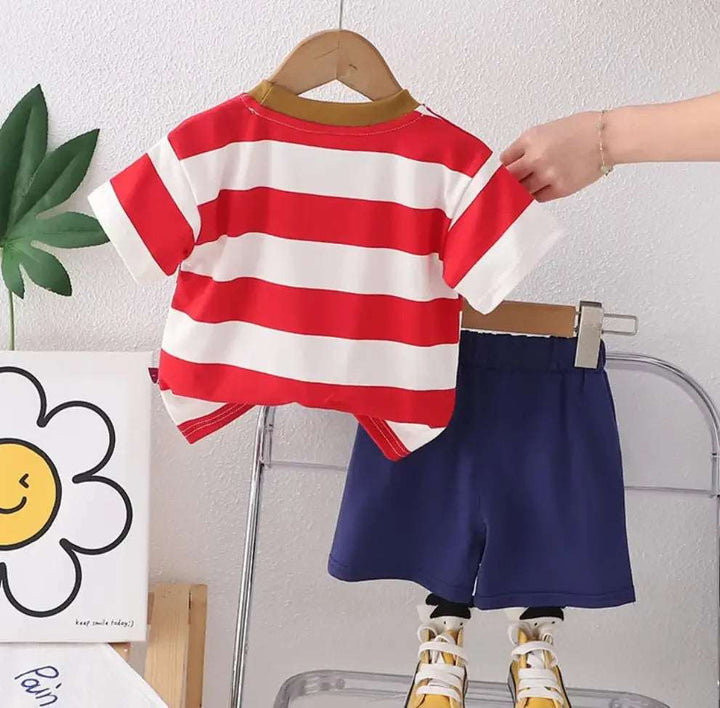 Adorable Cartoon Dog Short Sleeves Striped T-shirts and Shorts Outfits - Gen U Us Products