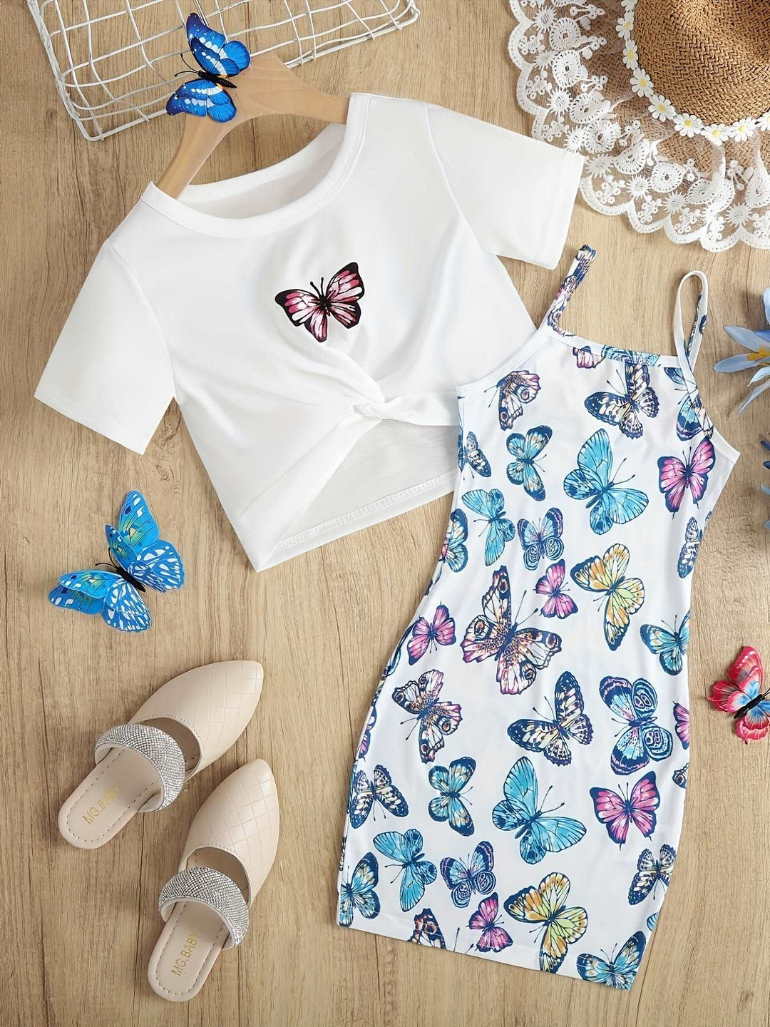 Adorable Girls Butterfly Graphic Tee and Cami Dress Sets - Gen U Us Products