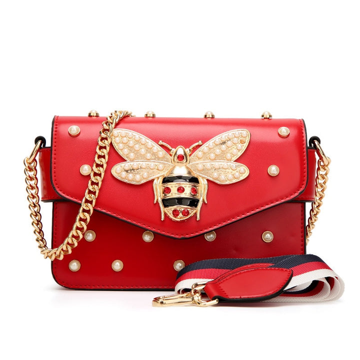 Women's Designer-Inspired Gold Bee Chain Flap Handbag - Front View